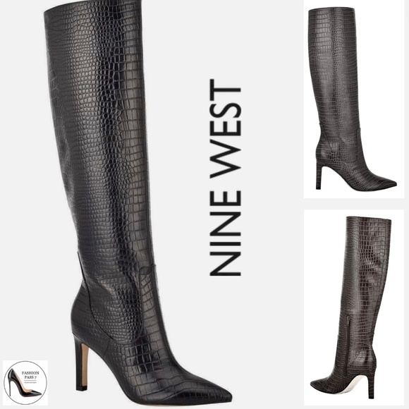Nine West Maxim Women's Black Leather Knee High Boots Tall Stiletto Heel Boots 8